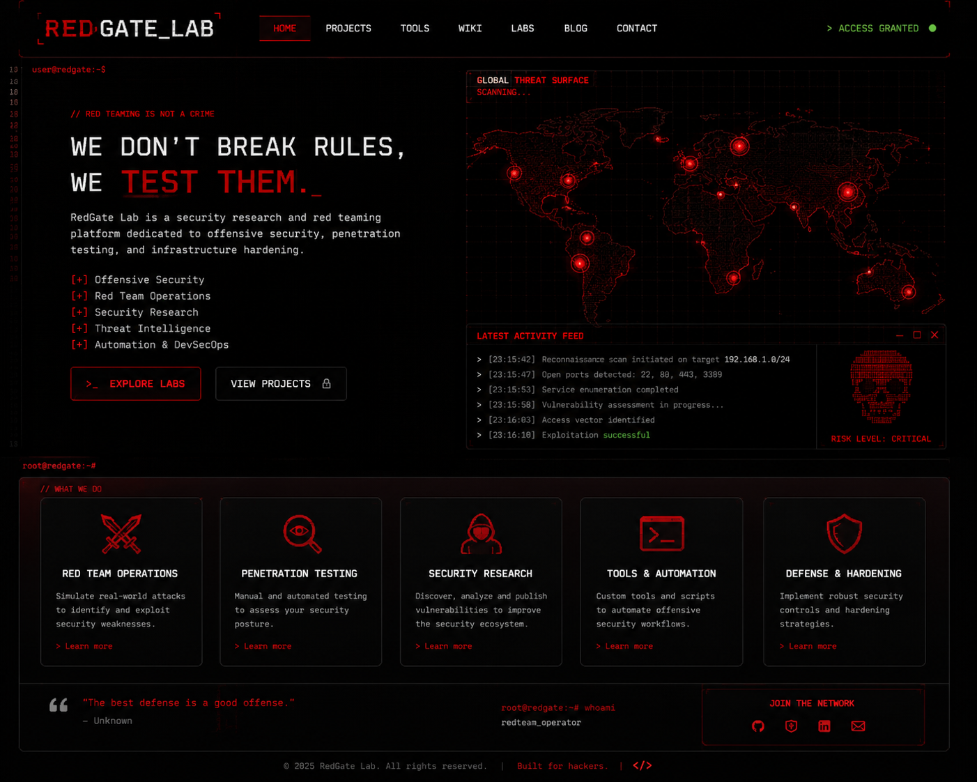 RedGate Lab - Red Team Cybersecurity Homepage